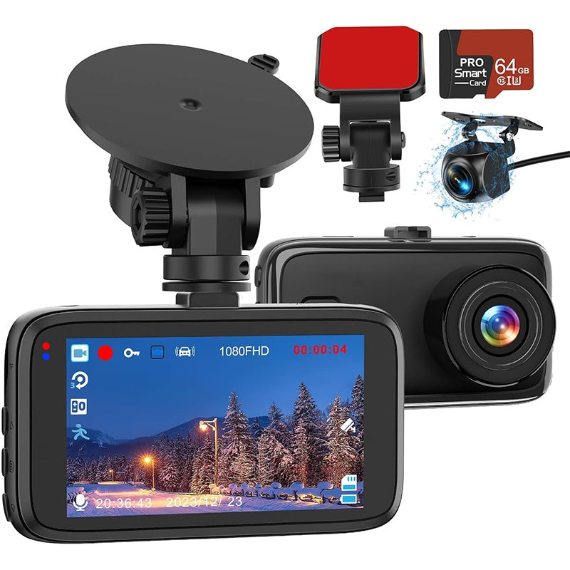 Dash Cam Front And Rear Camera 1080P Dual Dashcams For Cars With 64GB Card Car Dashboard Camera With Night Vision G-Sensor WDR Loop Recording Parking Monitor